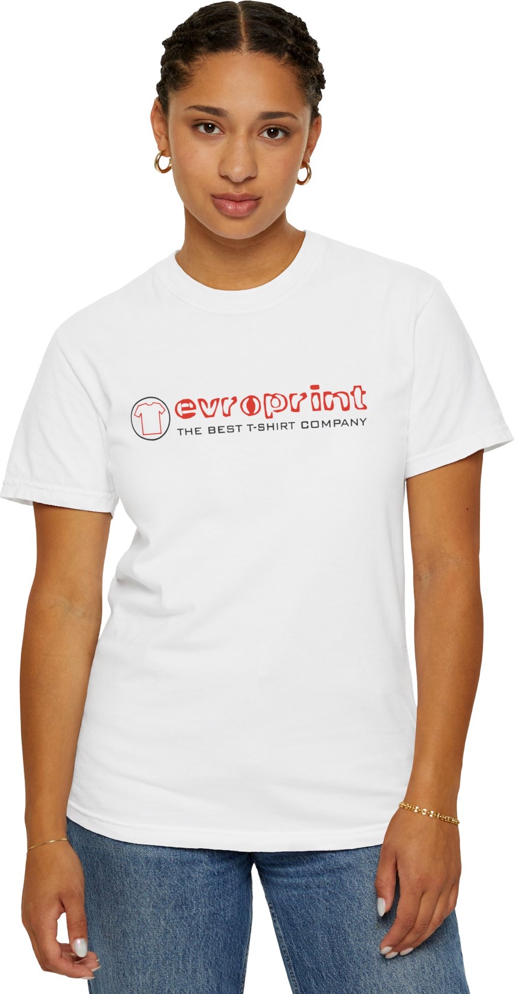 Woman wearing evroprint tshirt